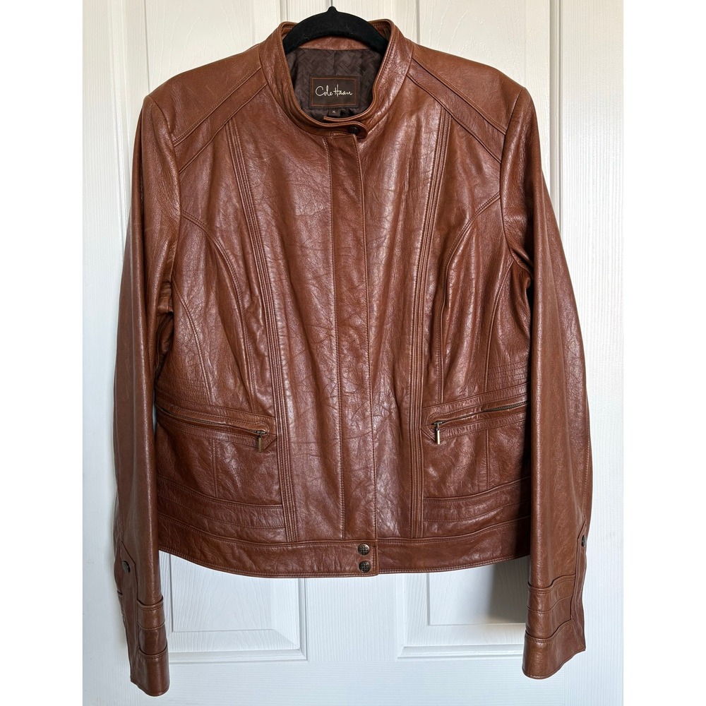 Cole‎ Haan Leather Moto Jacket Carmel Brown Fully Lined Womens Size XL